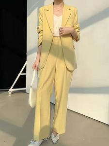 Womens Two Piece Pants Women Vintage Business Trousers Suit Casual Button Yellow Blazer With Loose 2 Pieces Set Korean Fashion Chic Formal Outfit 230207