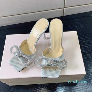 Slippers Evening Shoes Women 'S Designers Shoe Ladies Heeled Shiny 55 Crystal Embellished Double Bow Square Toe Slipper Mules Rhinestone Stiletto