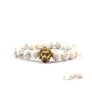 B￤rade str￤ngar Pretty Leo Lion Head Armband Black Lava Stone P￤rlade armband Pseras HOMBRE FￖR MￄN Kvinnor Guld Drop Delivery Jewelr DHCP7