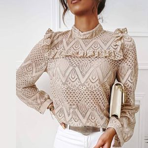 Damskie bluzki eleganckie koronki koronkowe marszczenia długiego rękawu pusta pullover górna wiosna jesienna moda okrągła szyja ol plus size 2xl