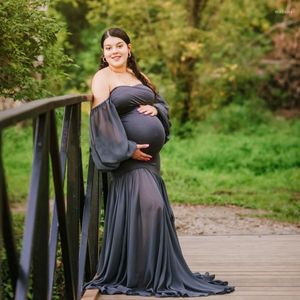 Swobodne sukienki czarny szyfon z ramion macierzyńskiej eophoot zobacz przez długie rękawy syrena po strzelaniu do ubrania ciążowe