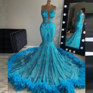 Bellissimi abiti da ballo con paillettes blu con piume 2023 Bling Mermaid Black Girls Abito da sera Chic Aso Ebi Abito da festa di laurea Donna Vestido De Fiesta