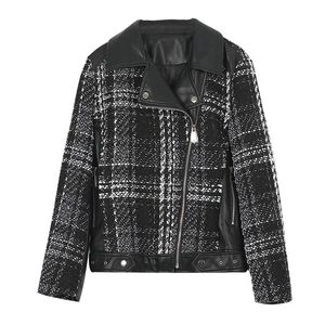 Women's Leather & Faux U Women Black White Jacket Coat Outwear Notch Collar High Street Tweed Plaid Patchwork C0242Women's