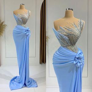 Luxury Baby Blue Beaded Prom Dresses 2023 Mermaid Formal Long Evening Dress With Slit Handmade Flowers Speacial Occasion Party Women Vestido De Fiesta