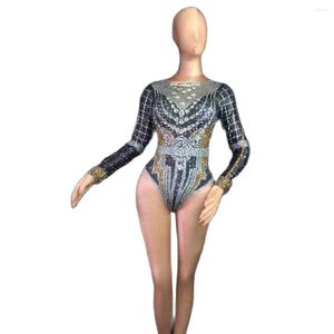 Women's Jumpsuits Sexy Crystal Jumpsuit Women Full Rhinestones Bodysuit Nightclub Stretch Leotard Stage Costumes Party Pole Dancing Wear