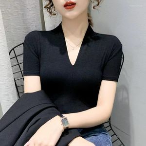 Women's T Shirts Women Super Elastic Solid Color Loose Silk V-Neck kortärmad t-shirt Summer Slim Top D2340