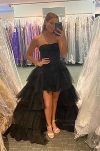 black Romantic Tulle Prom Gown Party Dresses High Low Long Evening Formal Dress Detachable Long Train Sexy Graduation Dress Customized