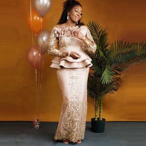 Party Dresses Rose Gold African Mermaid Prom Aso Ebi Style Lace Long Sleeve Formal Women Dress Plus Size Custom vestidos 230208
