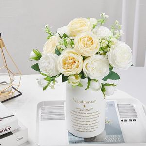 Decorative Flowers 32cm Silk Peony Bouquet Rose Artificial 5 Big Heads 4 Small Bud DIY Home Party Winter Wedding Decoration Fake