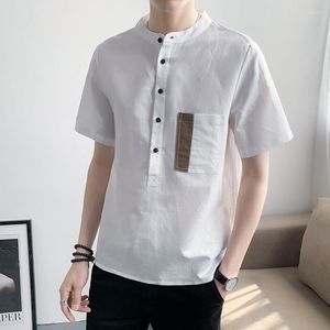 Camisetas masculinas 2023 Camisa de linho casual de alta qualidade de alta qualidade Camiseta de manga chinesa Stand Stand Slim Camiseta de cinco pontos