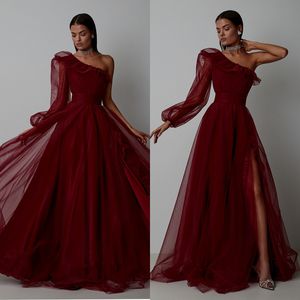Glamorous Prom Dresses A-line High Waist with Belt Art Deco-inspired Neck Solid Color Net Tulle Side Split Court Gown Backless Custom Made Evening Dress Plus Size