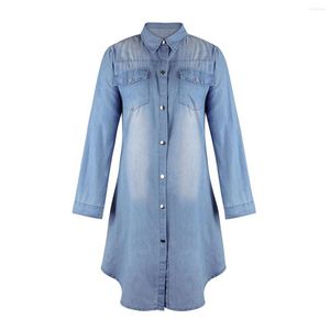 Casual Dresses Women Fashion Denim Shirt Dress Long Sleeve Lapel Single Breasted Solid Color Tunic Tops