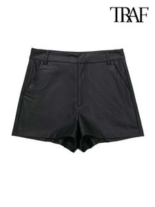 Kvinnors shorts traf kvinnor mode sida fickor faux läder vintage hög midja blixtlåsfluga kvinnliga korta byxor mujer y2302