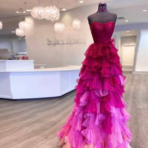 Party Dresses Colorful Fashion Prom Dress Strapless Sleeveless Layered Ruffles Tulle Aline Floor Length Women Evening Homecoming Gowns 230208