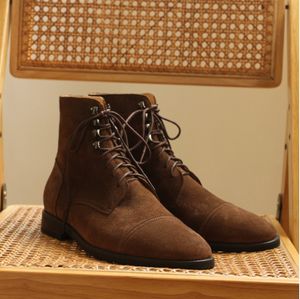 British Style High Top Brown Carogo Boots Men Lace Up Cow Suede Leather Gentlemen Martin Booties Shoes