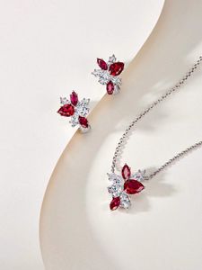 S925 Sterling Silver Ruby Jewelry Sets For Women Crystal Zircon Leaves Necklace Wedding Red Gem Stone Earring Water Drop Design