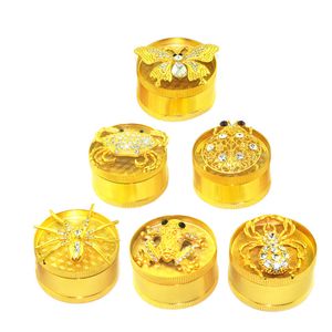 Smerigliatrice per erbe con diamanti per animali in oro, per tabacco, metallo, 3 pezzi, smerigliatrice a mano, 52 mm, farfalla, ragno, rana, granchio, coccinella, stile Aminals, con confezione espositiva.