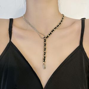 Ketten SRCOI Vintage Leder Gewebte Kette Y-förmige Halskette Für Frauen Bijoux Goldene Geflochtene Seil Schlüsselbein Choker Lariat Halsketten