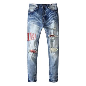 Modedesigner jeans män hål jean streetwear man hip hop byxor mager mens byxa långa rakt ben blixtlås lös brom303o