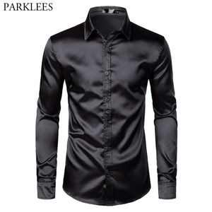 Mens Casual Shirts Black Satin Luxury Dress Silk Smooth Men Tuxedo Slim Fit Wedding Party Prom Chemise Homme 230208