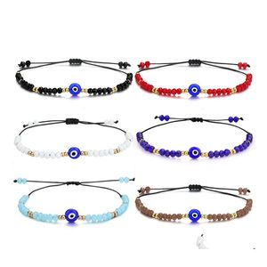 Catena a maglie Moda Turchia Evil Blue Eye Bracciale Donna Corda tessuta a mano Perline di cristallo Braccialetti dell'amicizia Ragazza Festa di compleanno J Dhqo6