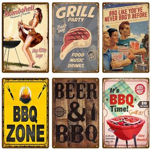 BBQ Zone Home Bar Club Decor Metal Tin Sign Vintage Dad's BBQ Yard Outdoor Party Decoration Plate Retro Barbecue Rules Slogan Metal Sign 20cmx30cm Woo