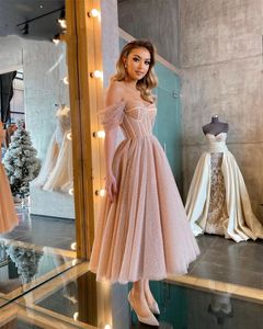 Sukienki imprezowe 2023 Pink Prom z cekinów na ramionach wieczorny formalny tiulowy tiulowy tiul 230208