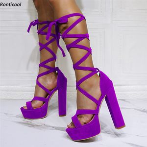 Ronticool Women Gladiator Platform Sandals Strappy Faux Suede Block Heel Open Toe Gorgeous 10 Colors Dress Shoes US Size 5-20