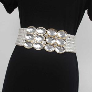 Bälten Handgjorda breda lager Pearl Weaving Midjebälte för kvinnor Luxury Rhinestone Elastic Midjeband Europeisk klänning Korsett Ceinture Strap G230207