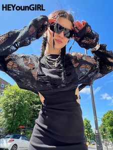 Maglietta da donna HEYounGIRL Strappato Hollow Sexy Nero Crop Top Allentato High Street Manica lunga Maglietta O Collo Moda Goth Tee Pullover Estate anni '90 230207