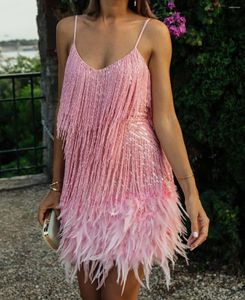 Feather Party Dress Women Summer Tassel Sequins Sexy Sleeveless Y2k Spaghetti Strap Dresses Night Club E-girl Vestidos