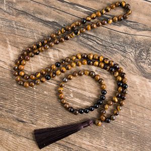 Hänge halsband 8mm naturliga gula tiger ögon svart onyx halsband meditation yoga smycken 108 japa mala pärlstav armband mäns och kvinnor set g230206