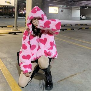 Women s Jackets Pink Heart Faux Teddy Fur Basic Outerwear Plaid Checkerboard Winter Coat s 230208