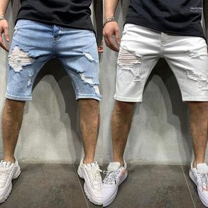 Män jeans sommar män vit mager rippade denim shorts mode förstörde frayed kort avslappnad sträcka orolig knä längd naom22