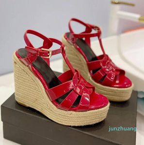 Hemp rope slope heel sandals platform Straw woven wedge ankle strap chunky heels block Heel Patent Leather wedding shoes dress shoe Women Luxury 97 Sandal