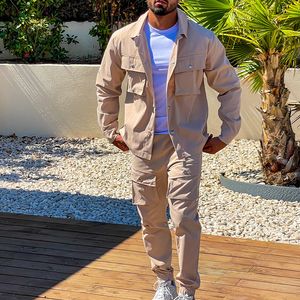 Men's Tracksuits Streetwear Mens Two Piece Sets Autumn Trend Turndown Collar Jackets And Pockets Cargo Pants Suits Men Fashion Slim Fit Outfits 230208