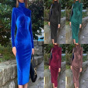 Casual Dresses Flannel Turtleneck Long Sleeve Slim Office Lady Spring Autumn Solid Color Mid Calf Length Evening Dress For Mom Robe