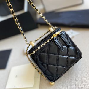 Womens Cowhide Vanity Box Bags Double Little Gold Balls Metal Hardware Matelasse Chain Crossbody Shoulder Cosmetic Case Tiny Coin Purse Black Wite Pouch 12X12CM