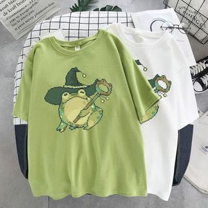 女性用Tシャツ夏ファッションファンパイクセルカエルプリントかわいい魔法のパターンレディースグリーンハラジュクカジュアルトップウーマンのホセ22