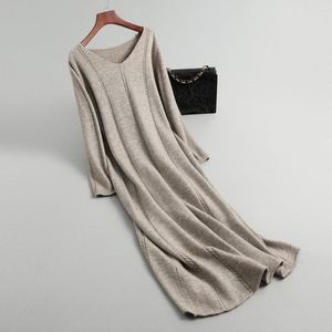 Casual Dresses 2023 Knitted Autumn Loose Style V-Neck Sleeve Pullovers Long Women Sweater Dress Pull Femme