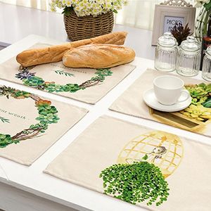 Tapetes de mesa 1pc linho placemat verde planta padrão theblemat prato copo tigela de tigela de tigela de calor isolamento de esteira de jantar decoração de festa da família