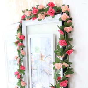 Decorative Flowers 250cm Artificial Vine Silk Small Roses Fake With Plastic Green Leaves Wall Hanging Garland Decoration