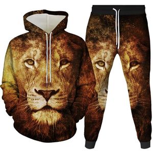 Herrspårar Fashion 3d Lion Digital Printing Hoodie Sportwear Pants Passar män och kvinnor huva Pullover Casual tröja Tvådelar Suitme