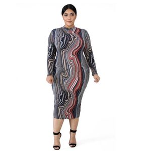 Casual Dresses Autumn Office Lady Multicolor Slim Fitting Plus Size Dress Womens Round Neck Long Sleeve Wholesale Drop