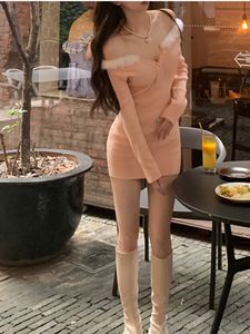 Casual Dresses Winter Pink Kawaii Sweater Women Sexy Vneck Vintage Party Mini Female Korean Fashion Sweet Slim 230208