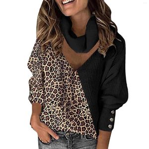 Women's T Shirts Women's Sweater Top Leopard Print Color Matching Temperament V-neck Loose Neck Openwork Long Sleeve Gentle Fabric Swim