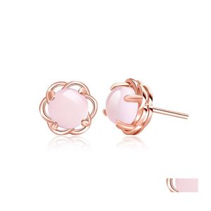 Charm Fashion Natural Pink Crystal Stud Earrings Feminine Cute Simple Hibiscus Stone Round Rose Gold Plated Drop Delivery Jewelry Dhgu0