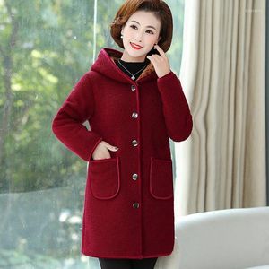 女性用トレンチコート2023中年の高齢女性ジャケットウィンターコート韓国韓国中央のフード付きシングルブレストぬいぐるみ厚い暖かい