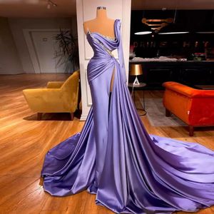 Satin Split Mermaid Evening Dresses One Shoulder Beaded Elegant Sweep Train Prom Gowns Robe De Soiree Formal Party Dress BC