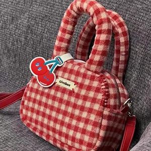 Axelväskor söta randiga rutiga Red Corduroy Fashion Messenger Bag Women's Tote Women Handväskor Handväska